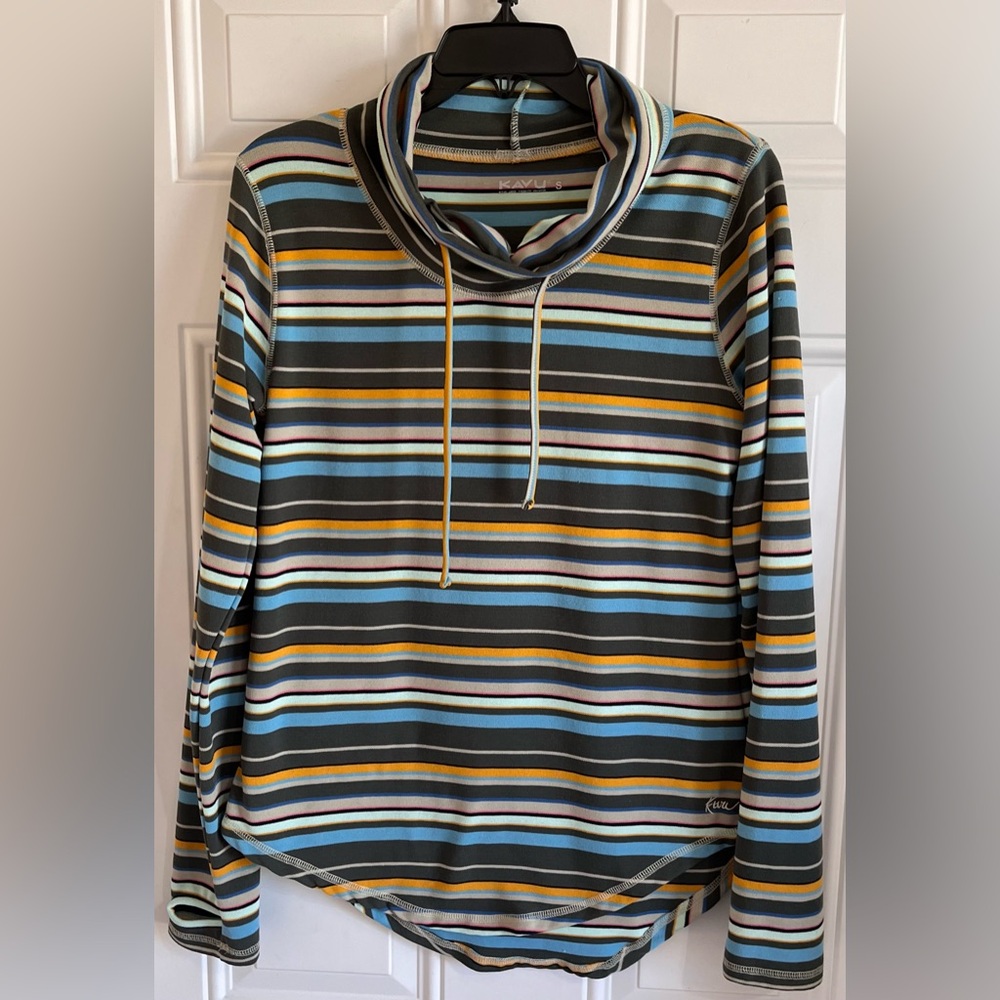 Kavu Pullover Women S Blue Aztec Stripe Print Cowl Neck Long Sleeve Skylar Shirt